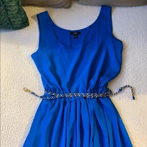 Cerulean blue summer dress with gold chain belt